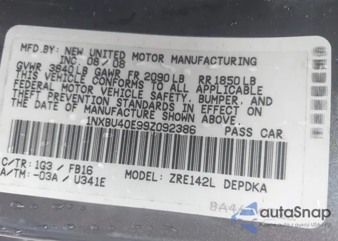 2009 Toyota Corolla Le from USA, damaged, VIN 1NXBU40E99Z092386
